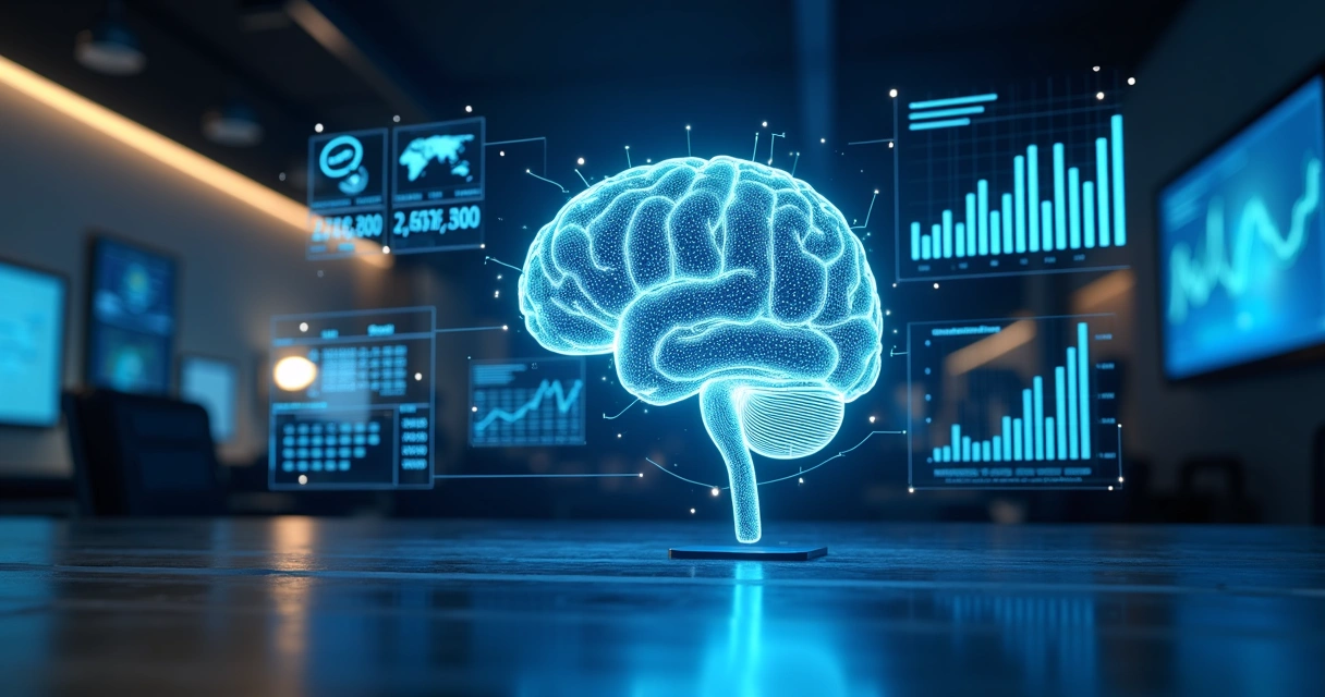 Representação visual de dados de vendas sendo analisados por um cérebro artificial 