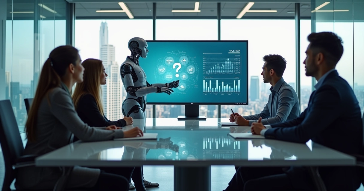 Equipe de vendas reunida em escritório moderno com robô de IA ajudando em tarefas digitais. 