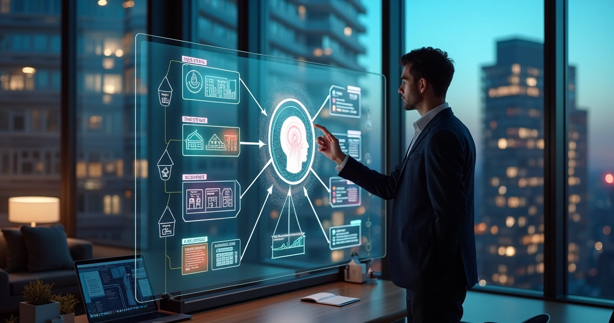 Corretor imobiliário interage com painel digital de IA exibindo funil de vendas 