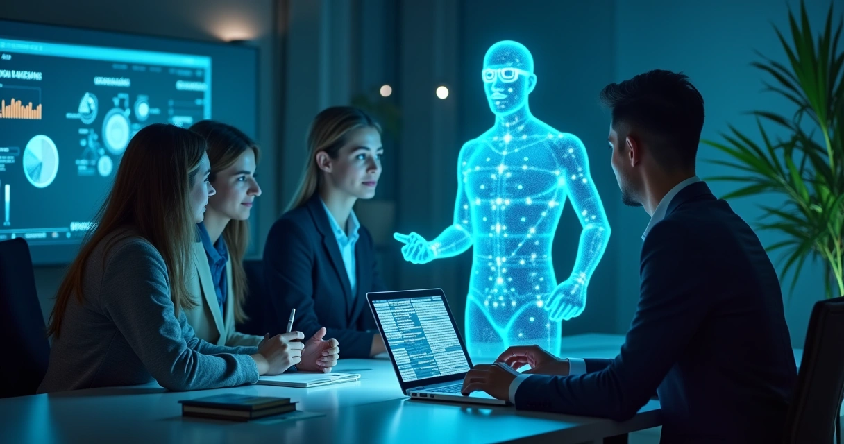 Agente de IA interagindo com equipe de vendas em escritório moderno, com holograma e gráficos.