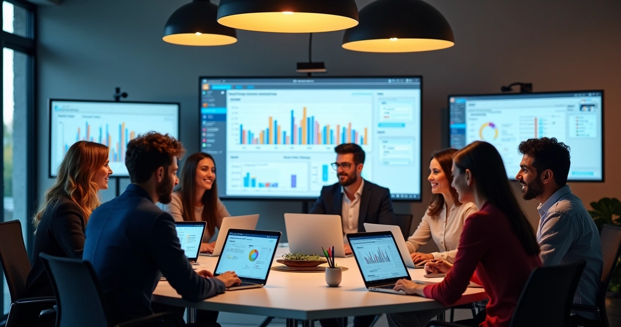 Equipe comercial reunida em mesa de reunião com telas exibindo gráficos de vendas automáticos