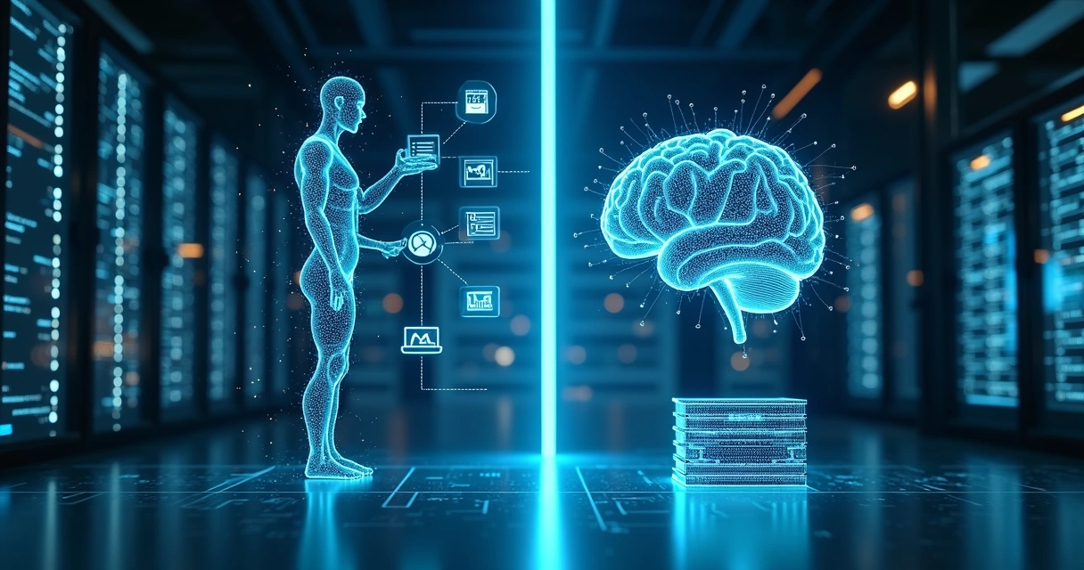 Conceito visual comparando agente de IA autônomo com modelo de IA tradicional em ambiente corporativo de dados 