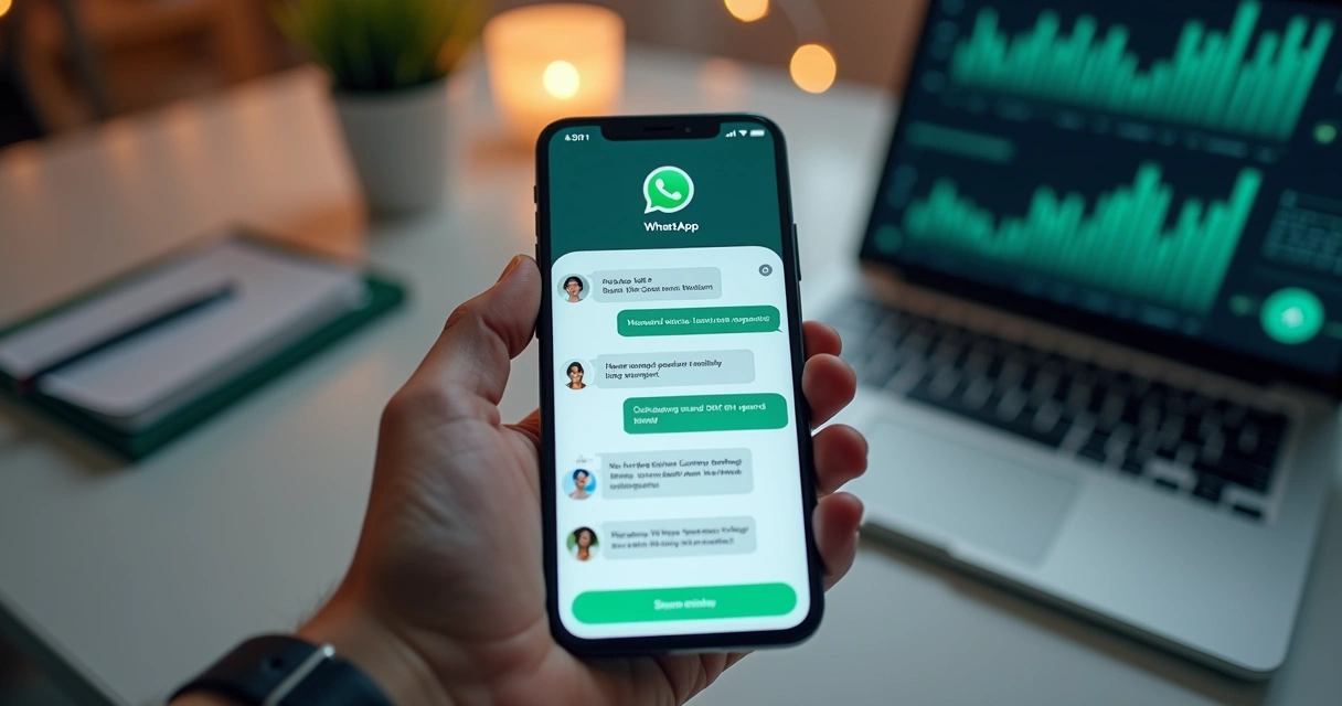 Tela de smartphone mostrando conversa automatizada no WhatsApp com respostas inteligentes de agente de IA 