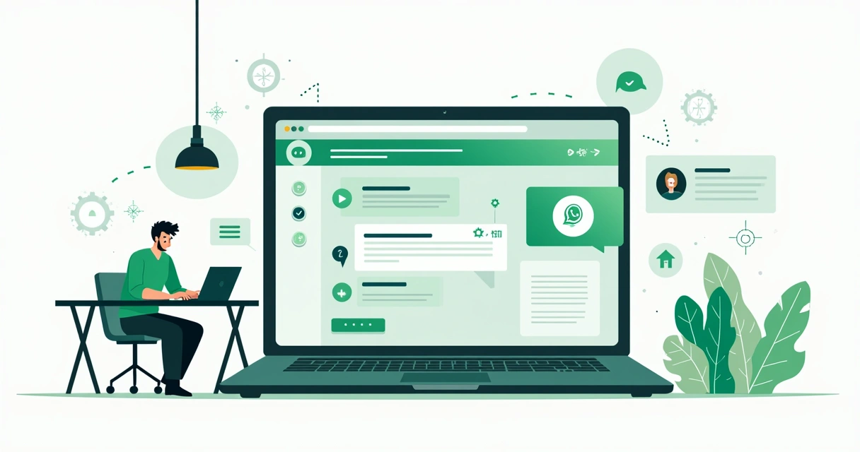 Ilustração de agente de IA conectado ao WhatsApp em painel de atendimento corporativo 