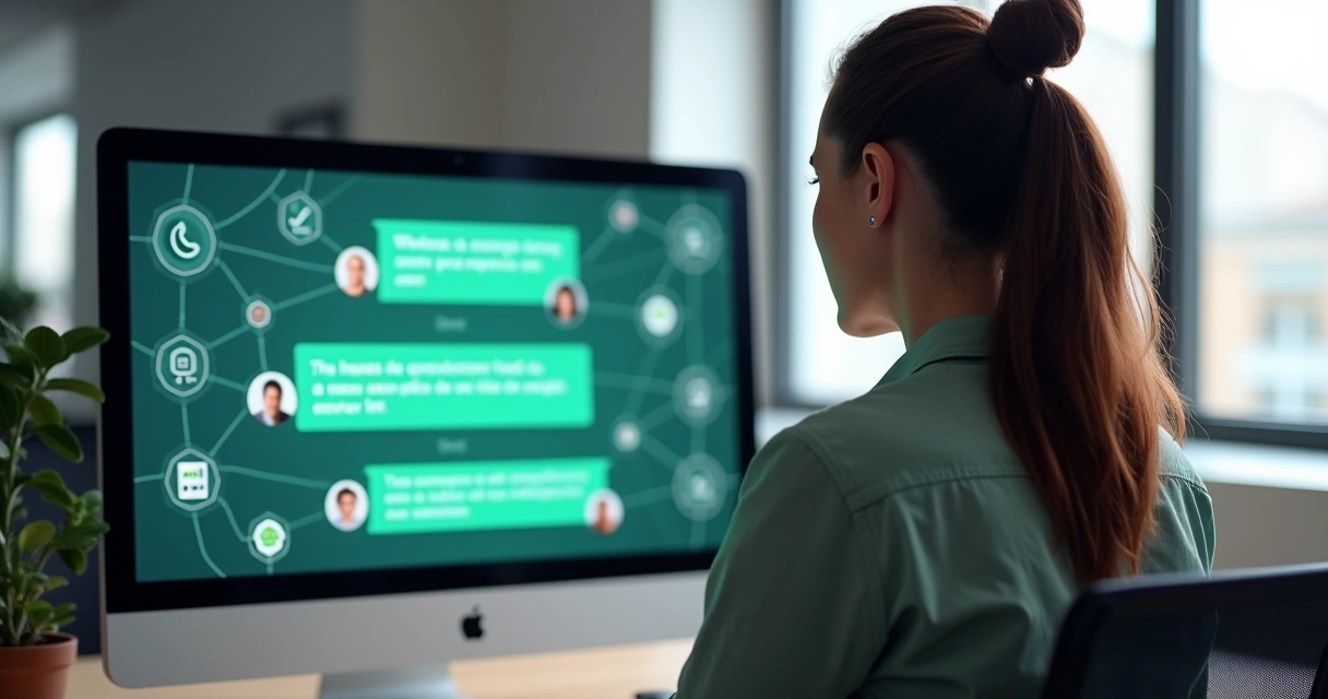 Pessoa observando conversa automatizada entre cliente e agente de IA pelo WhatsApp em tela de computador 
