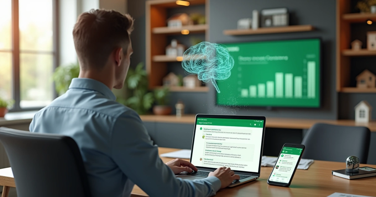 Corretor de imóveis acompanhando agente de IA no WhatsApp atendendo cliente no notebook 