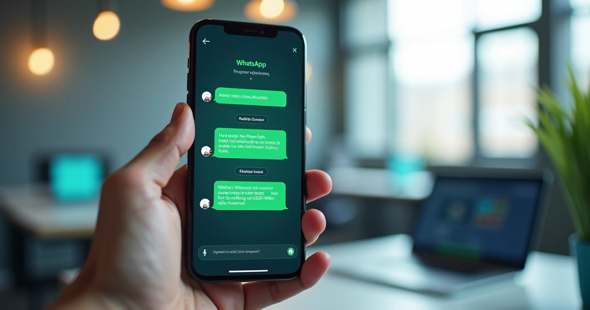 Interface de agente de IA no WhatsApp exibindo áudio, imagem e PDF enviados em conversa com fundo tecnológico azul e branco 