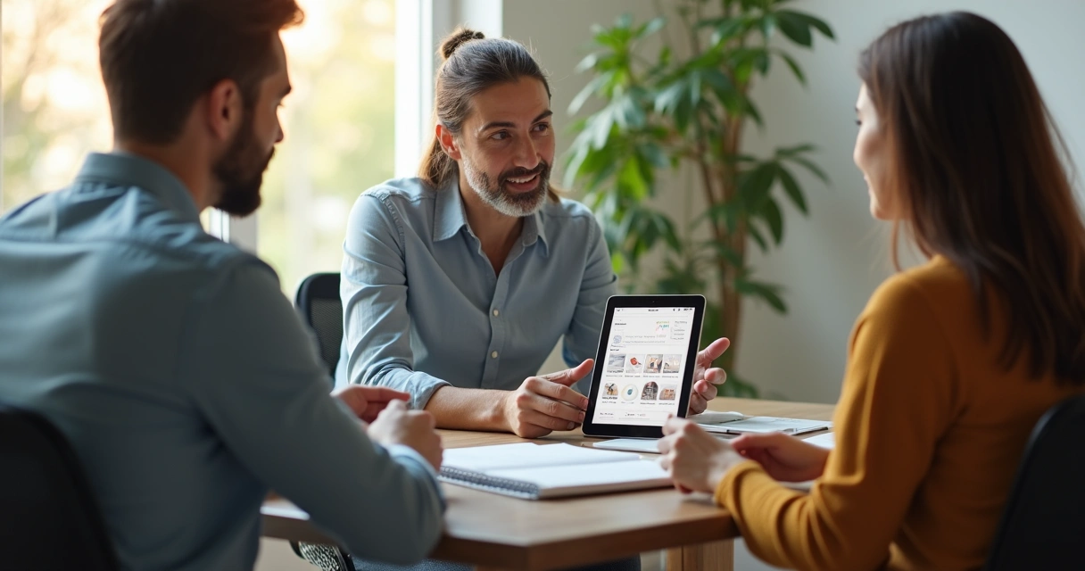 Agente imobiliário usando tablet para atendimento digital, cliente ao lado em sala moderna 