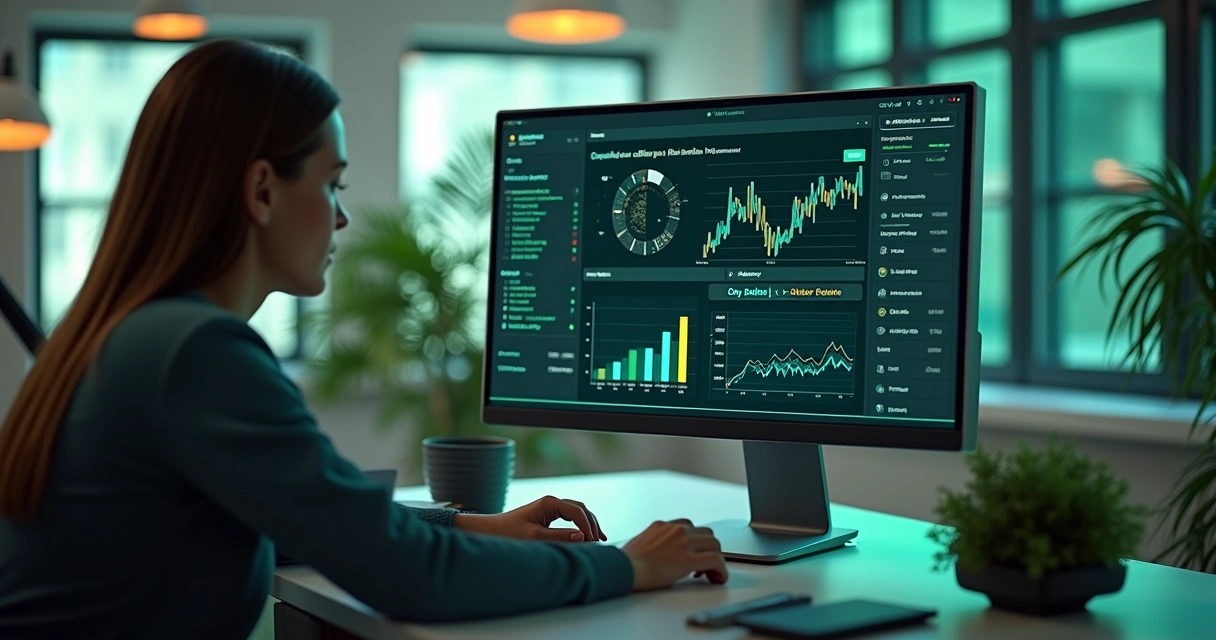 Tela de computador com chatbot e gráficos de análise 