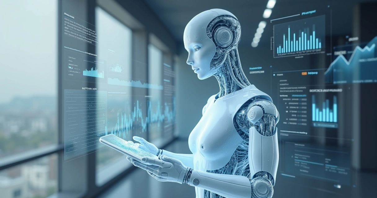 Representação de um agente virtual de IA analisando gráficos digitais 
