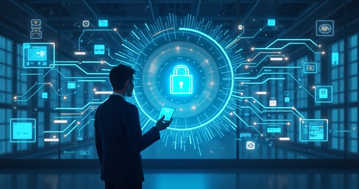 Agente virtual analisando fluxos de dados digitais em painéis luminosos 