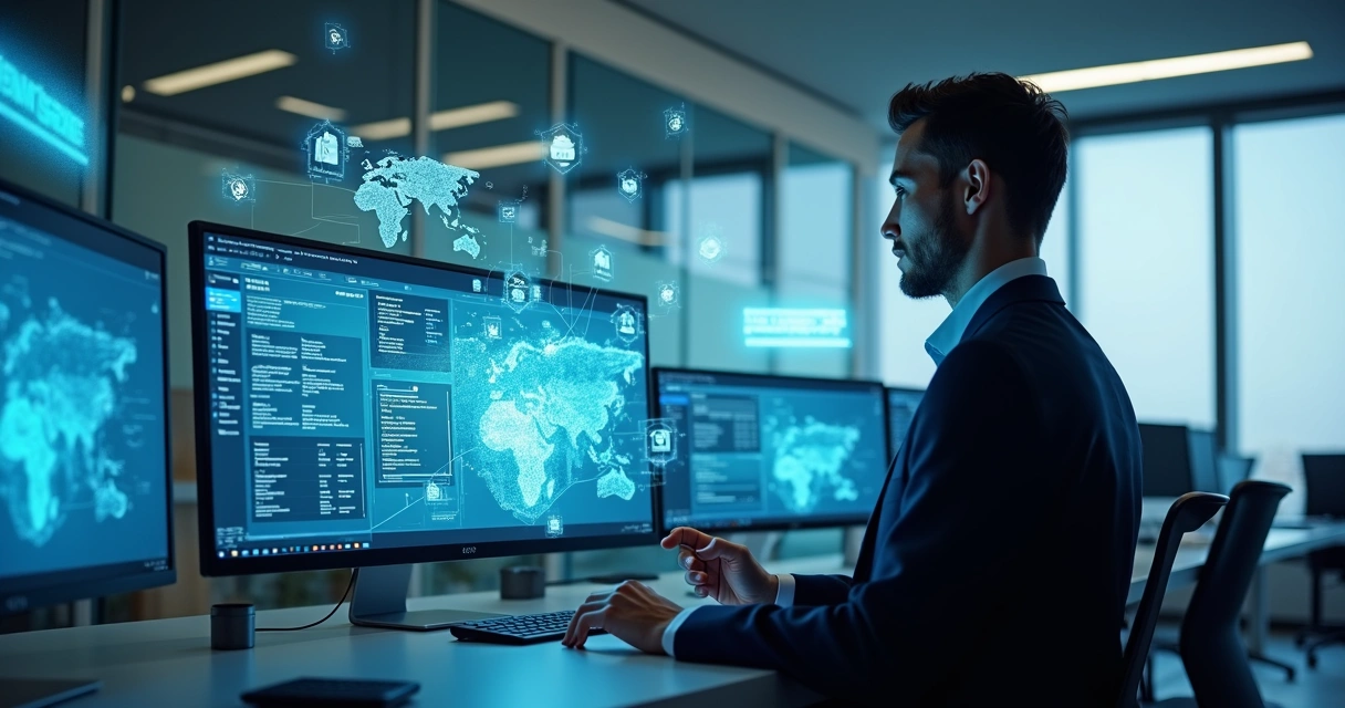 Agente virtual em ambiente empresarial rodeado de telas de sistemas digitais 