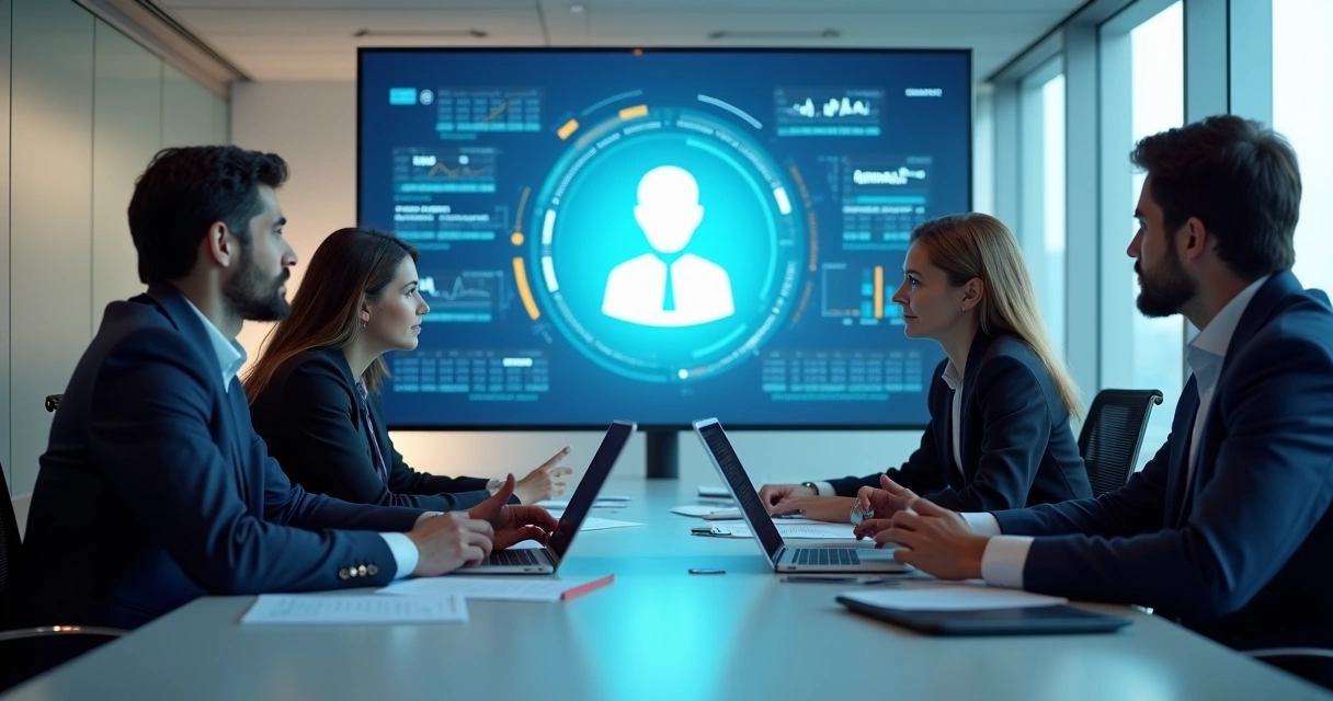 Equipe reunida apresentando um agente virtual de IA em uma tela 