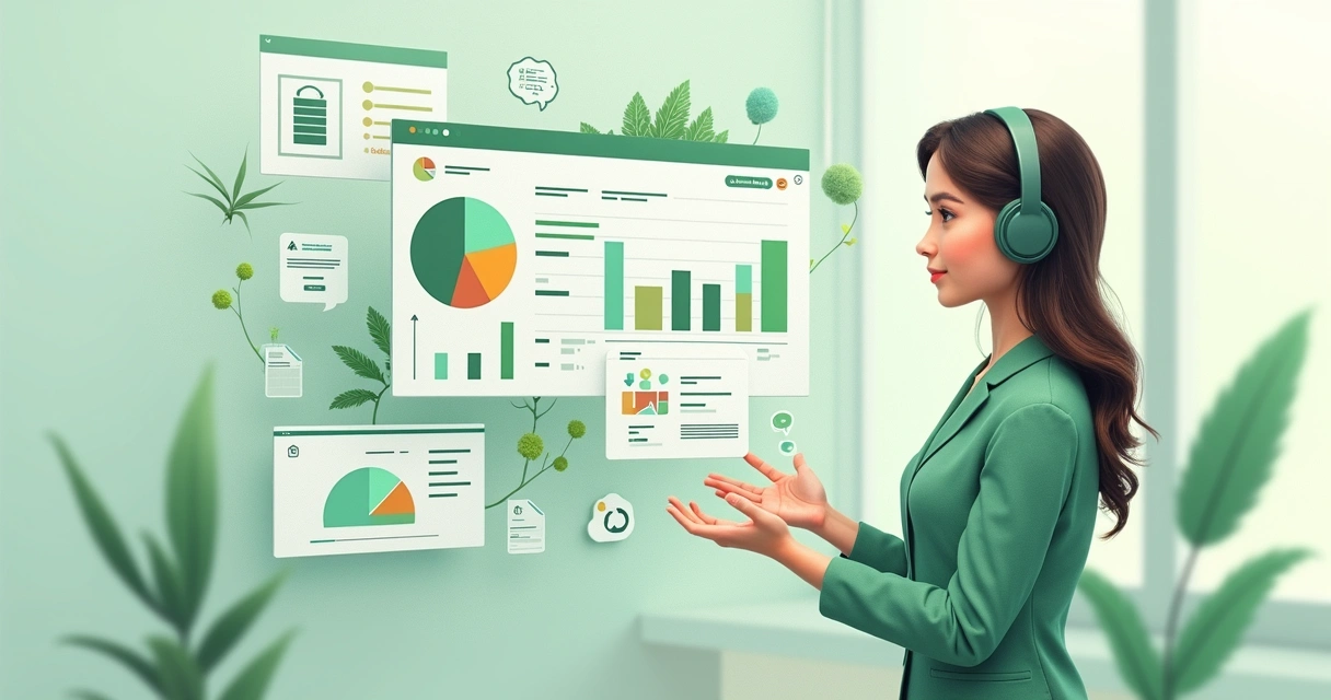 Ilustração de assistente virtual treinado em ISO 14000 cercado por ícones de documentos ambientais 