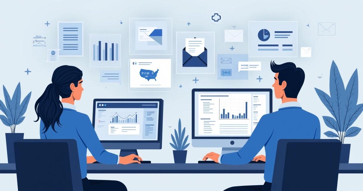 Dois agentes de inteligência artificial analisando campanhas de e-mail marketing e dados em ambiente digital. 