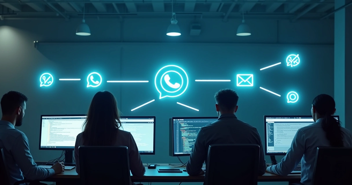 Fluxo de trabalho de IA conectando WhatsApp, e-mail e sistemas internos 