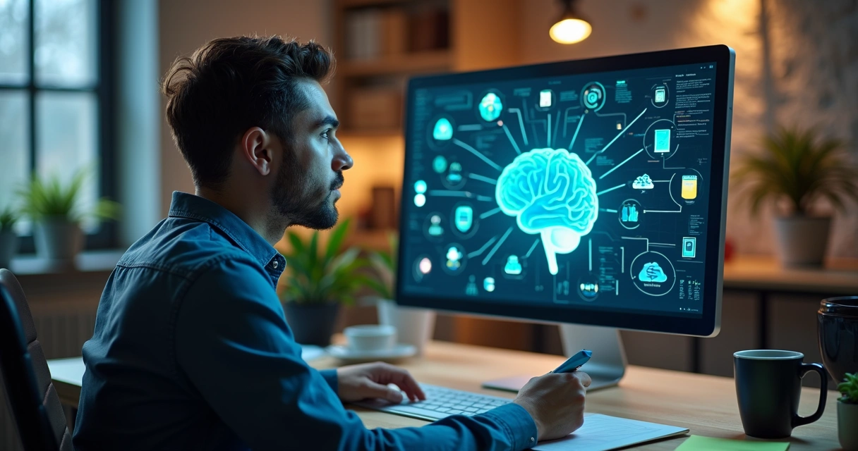 Pessoa pensando em um agente de IA digital ao computador 