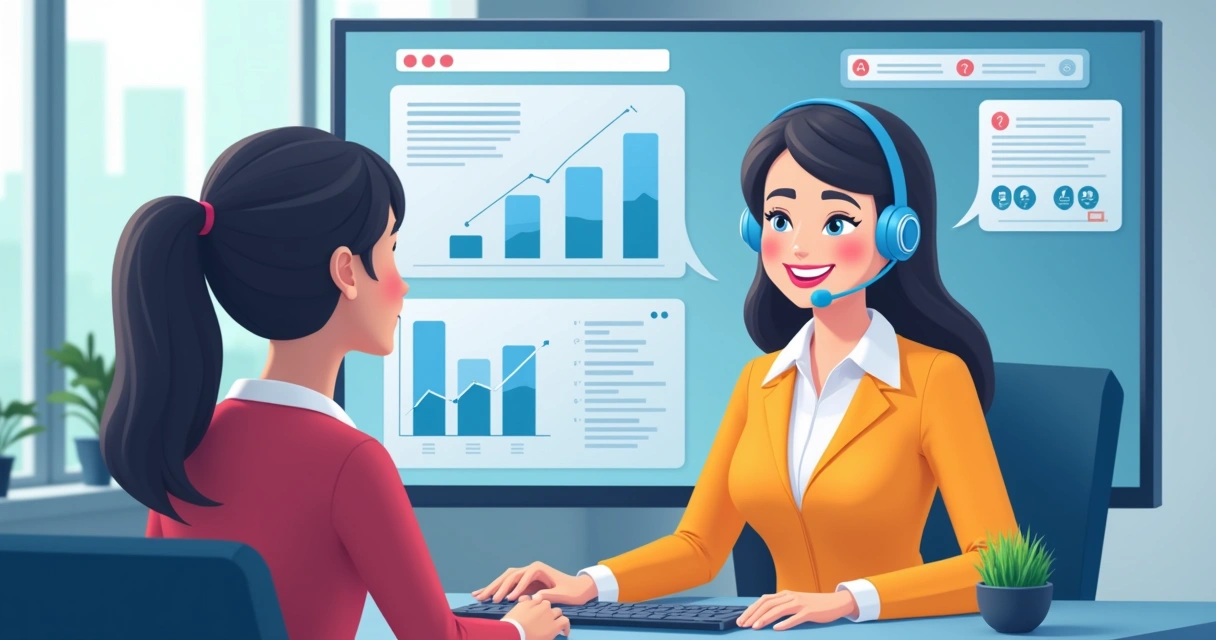 Atendente virtual interagindo com cliente em chat digital, ambiente moderno e colorido 