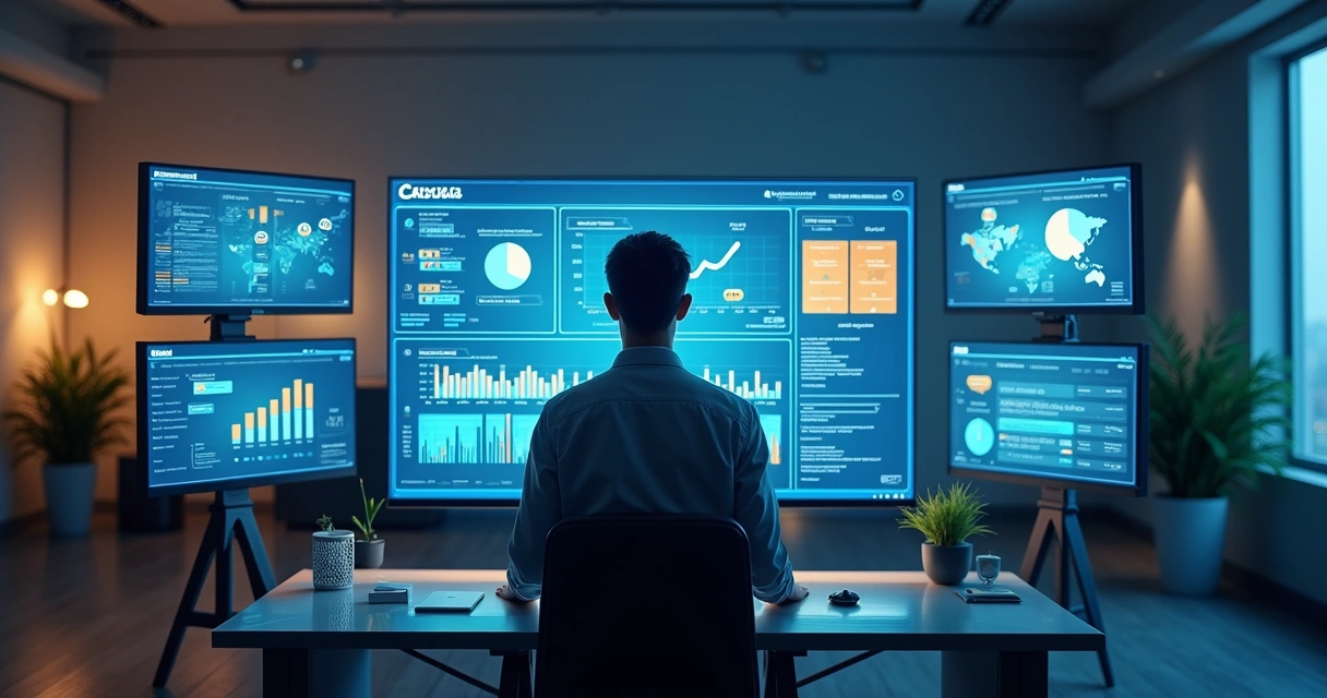 Agente digital interagindo com gráfico de vendas e painel de atendimento 