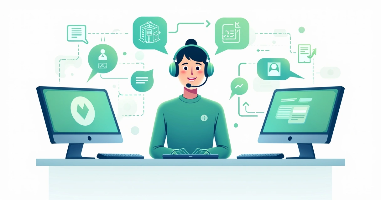 Agente digital ilustrado automatizando tarefas entre sistemas empresariais 