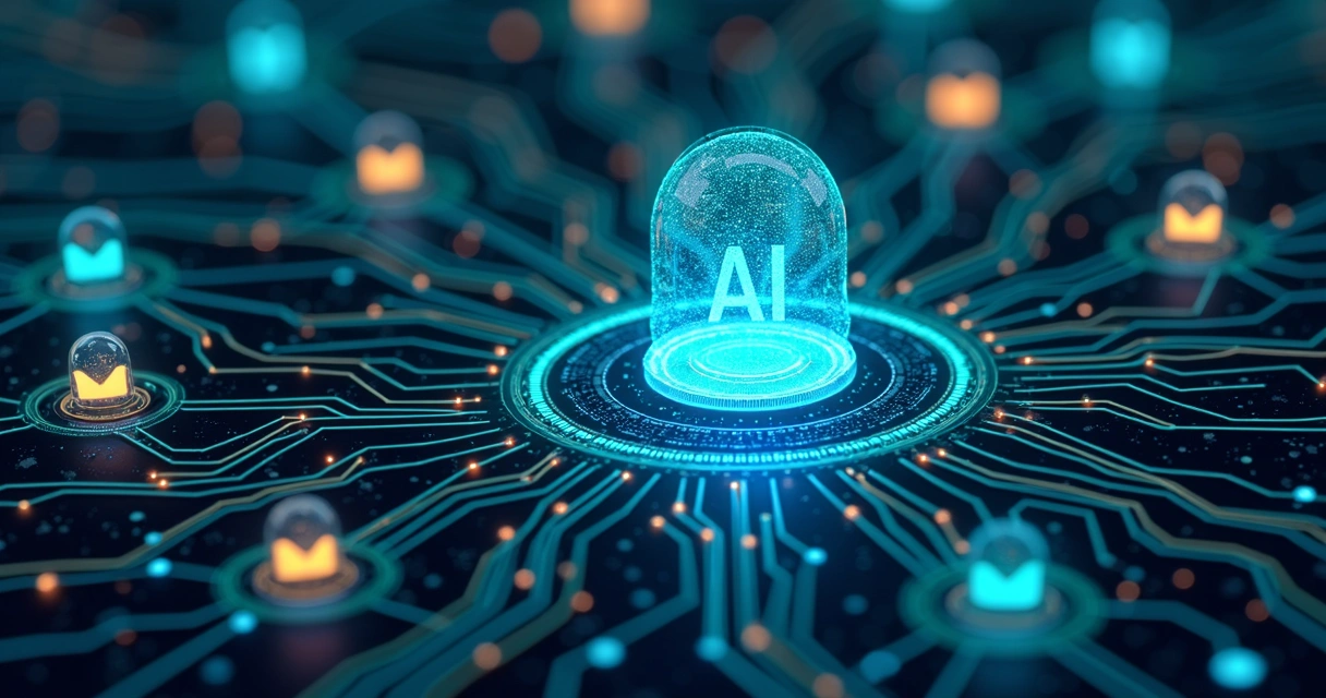 Ilustração colorida de dados sendo processados por um sistema de IA 