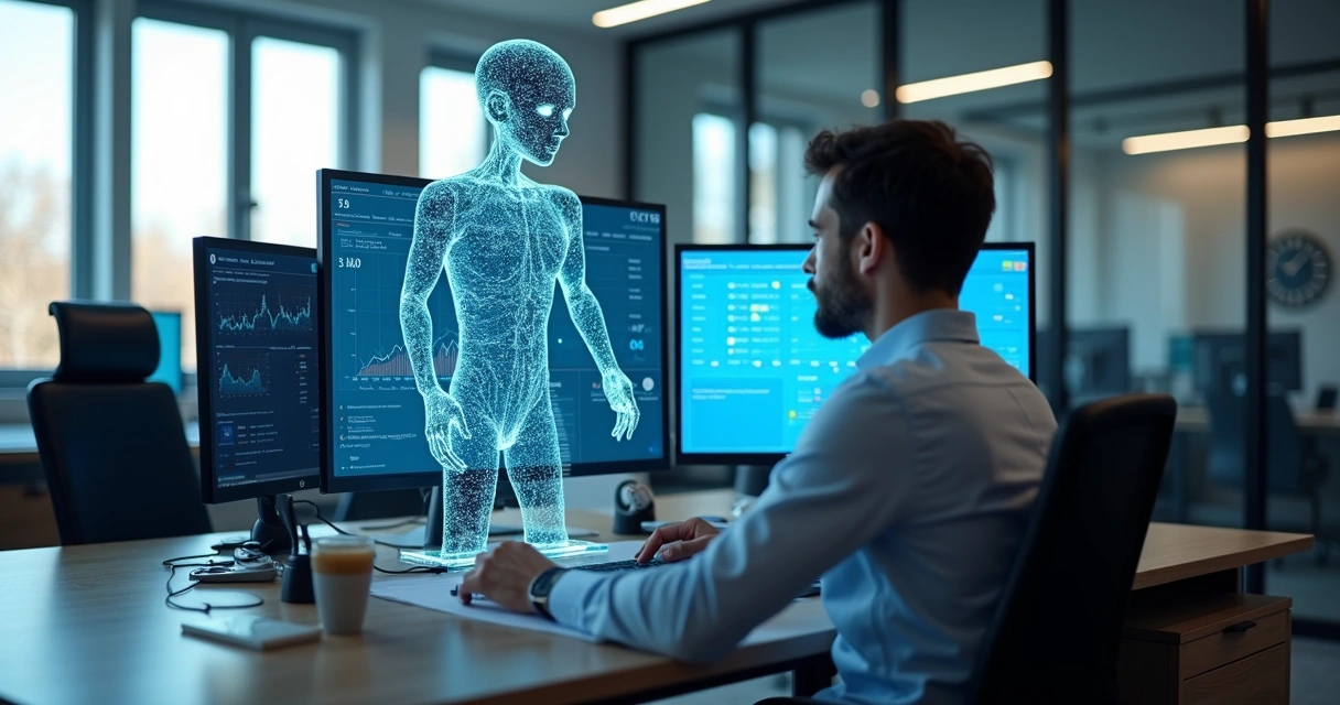 Agente digital analisando dados no computador 