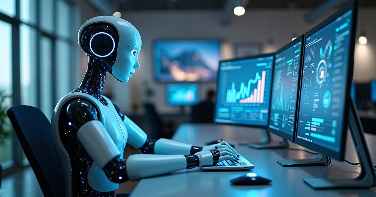 Assistente digital interagindo com computador em ambiente empresarial 