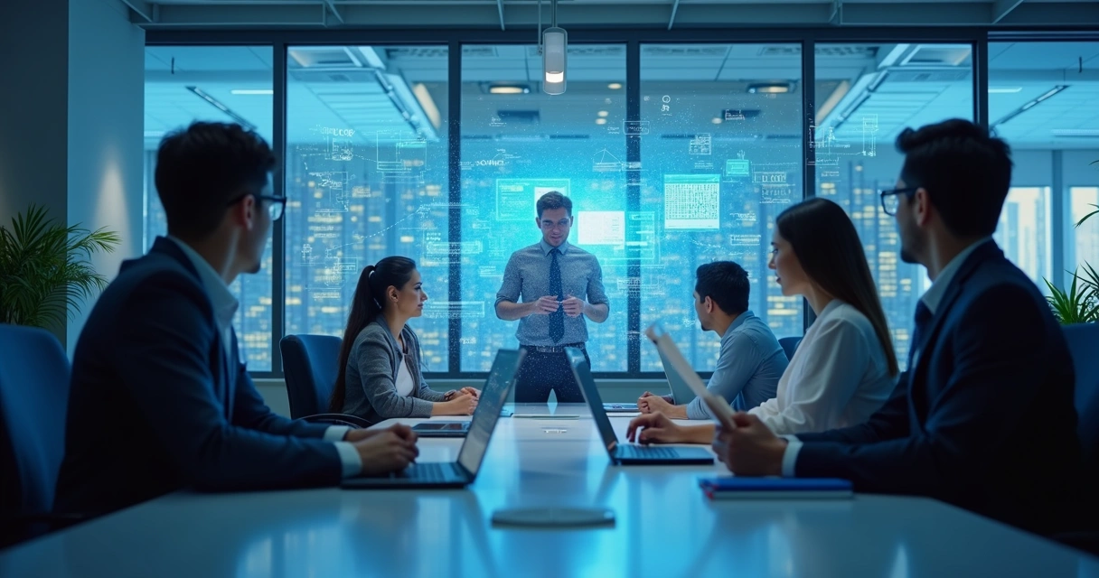 Ambiente de escritório com agente de IA interagindo com colaboradores em diferentes áreas 