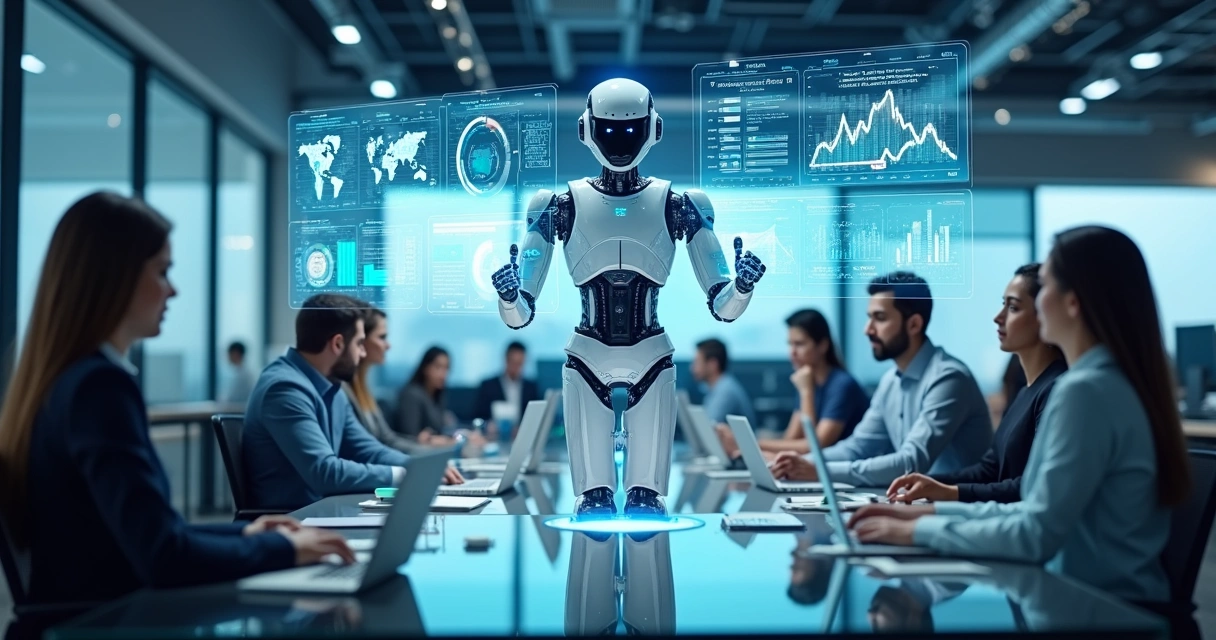 Robô inteligente em escritório moderno, rodeado por telas virtuais de dados 
