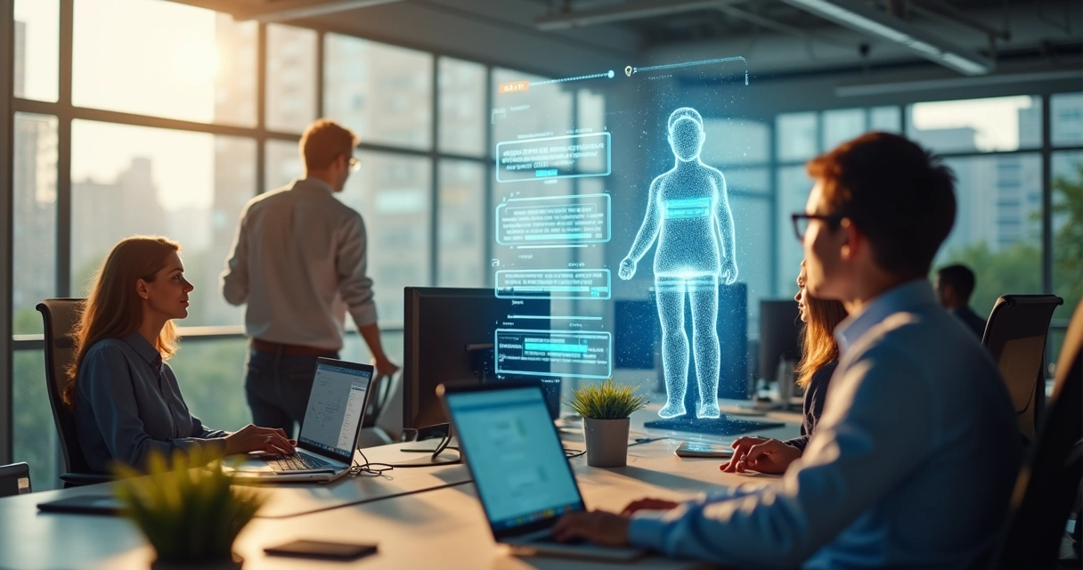 Assistente virtual atendendo chamadas em escritório moderno 