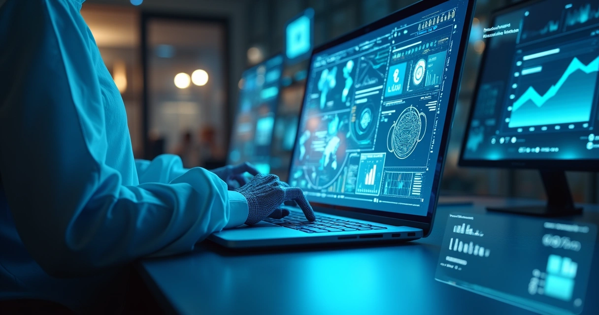 Agente digital representado por interface analisando gráficos 