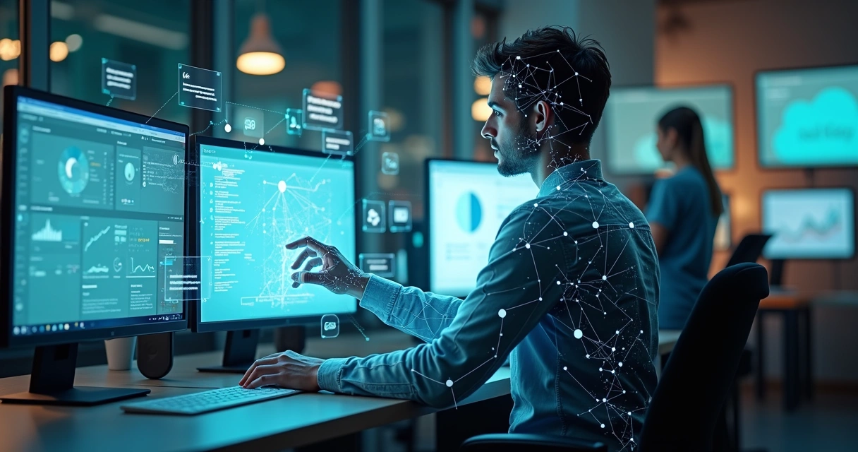 Ilustração realista de um agente virtual em ambiente de trabalho digital, conectado a diferentes aplicativos, com gráficos, chats e automações ao redor 