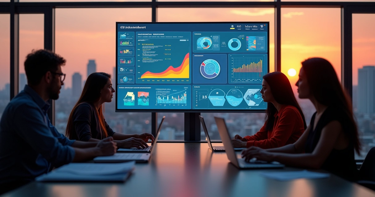 Equipe reunida em torno de computador com gráficos de IA. 