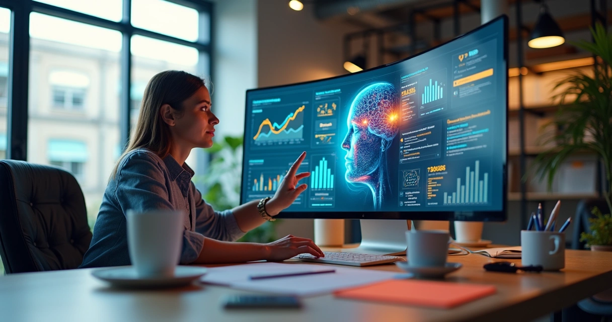 Pessoa analisando dados de campanha digital com gráficos coloridos na tela do computador