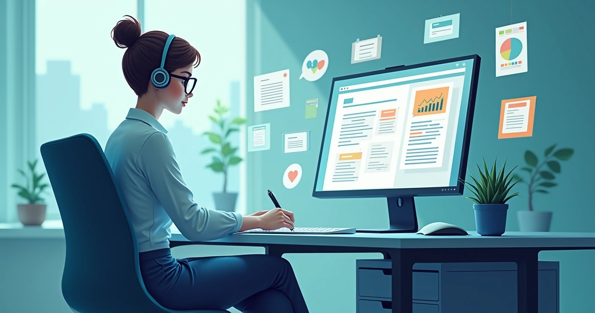 Ilustração mostra agente de IA escrevendo conteúdo para marketing digital, com gráficos e textos na tela 