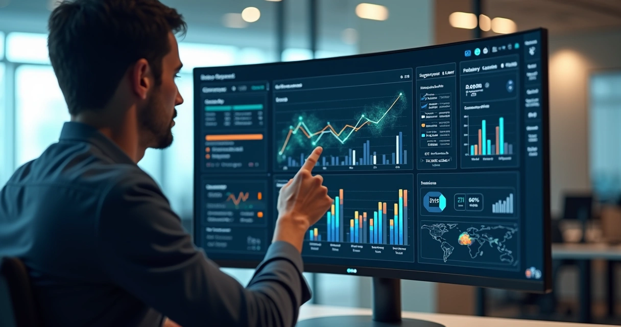 Profissional de marketing analisando painel digital com campanhas automatizadas por IA 