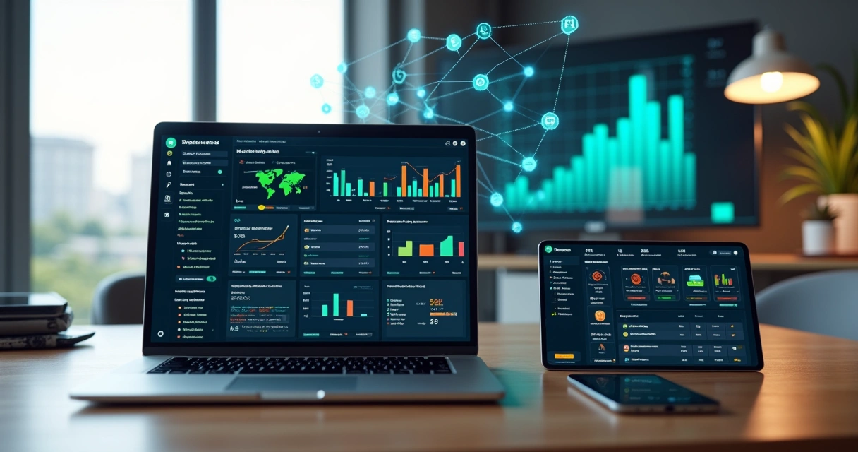Dashboard de automação de marketing com IA para e-commerce em notebook e smartphone 