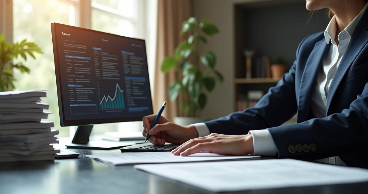 Agente neutro analisando documentos e operação escrow em computador 