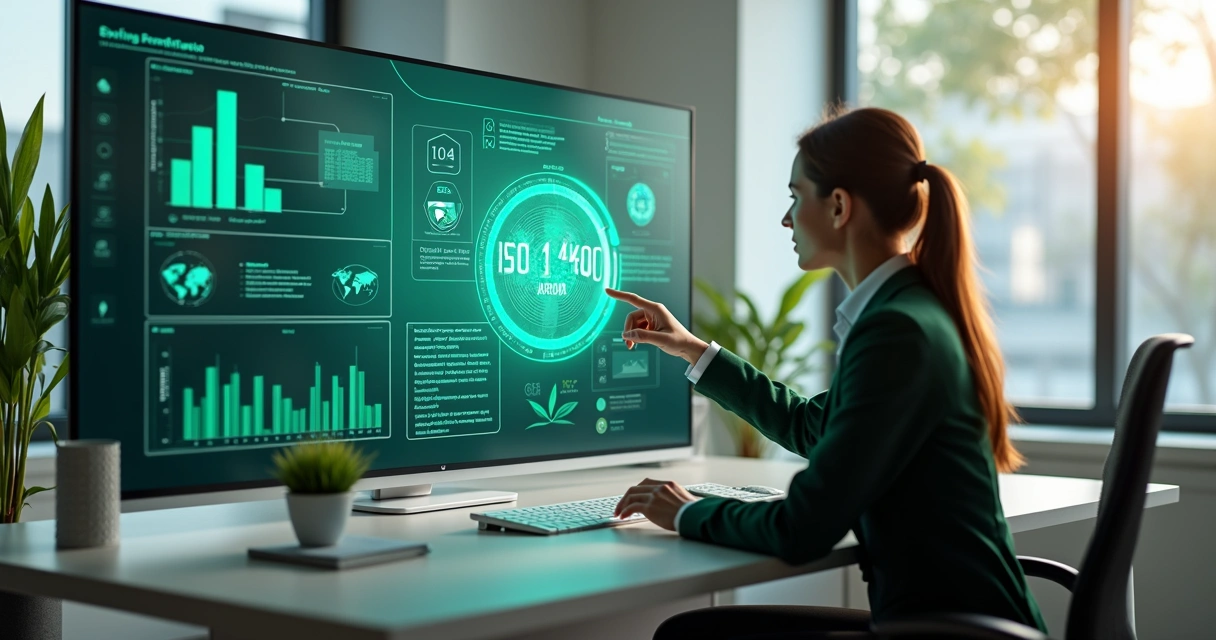 Agente digital interagindo com consultor ambiental via tela de computador com gráficos e normas ISO 14000 