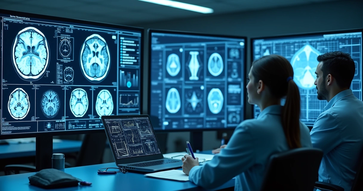 IA interpretando exames médicos em uma tela digital de hospital 
