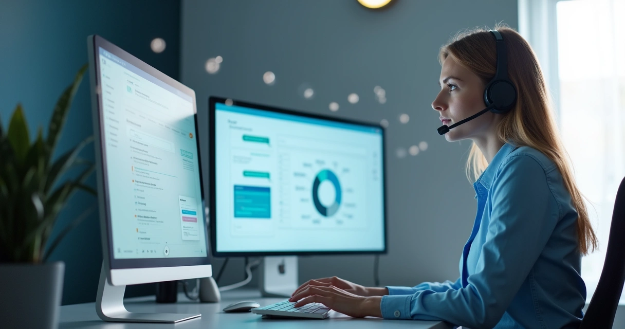 Pessoa atendendo cliente ao telefone com várias telas de computador e aplicativos abertos 