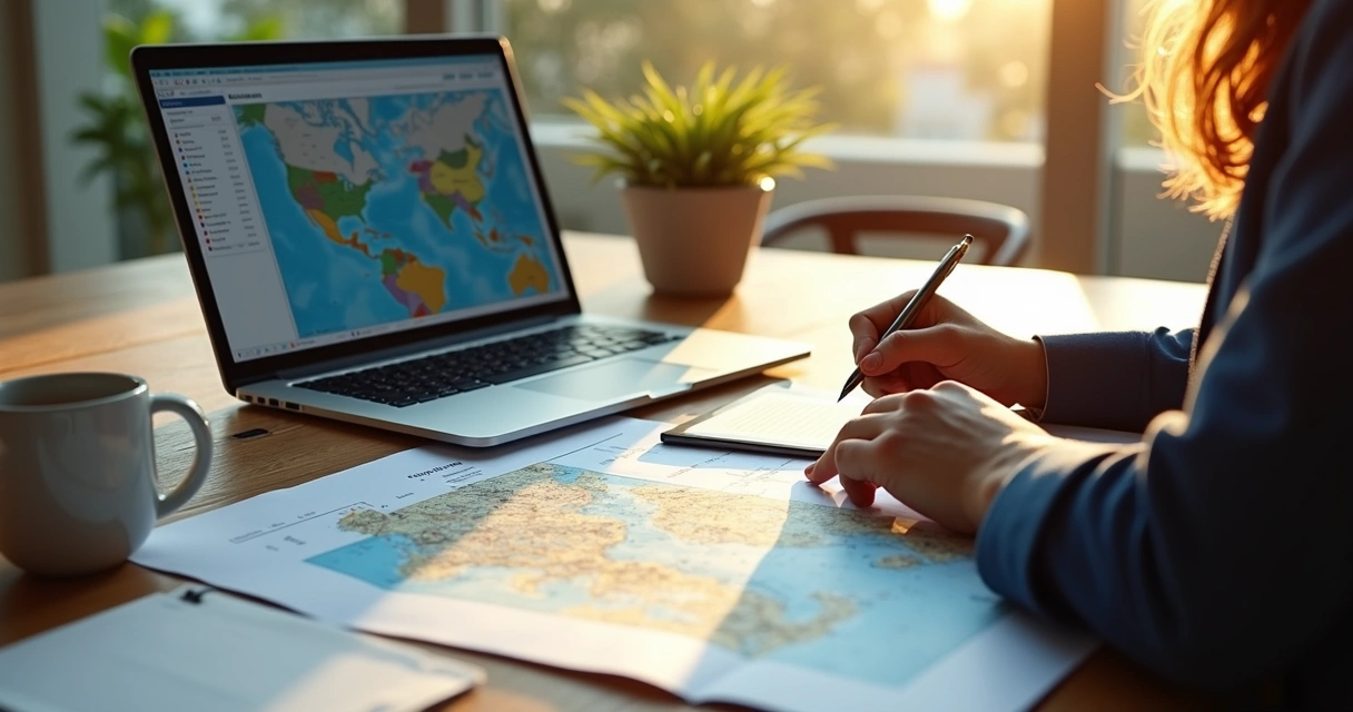 Agente de turismo planejando roteiro com mapas e laptop 