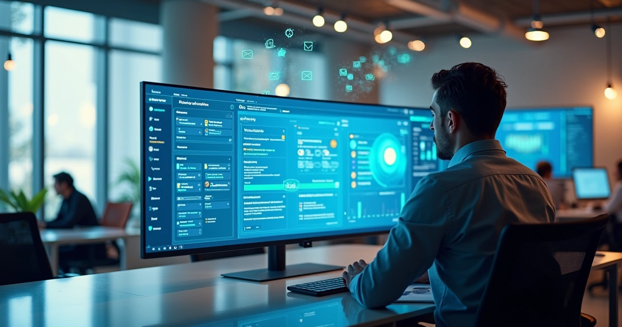 Agente de vendas humano ao lado de painel com IA, CRM e automações conectadas 