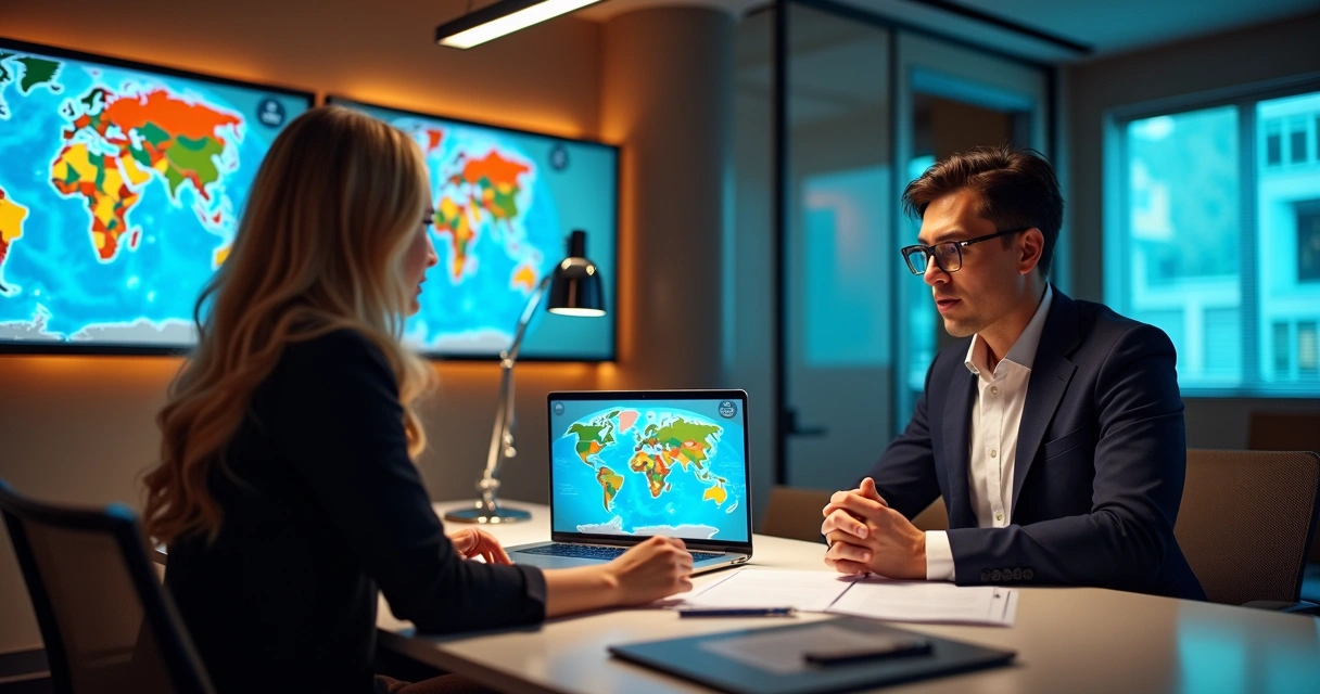 Agente de viagem consultando roteiro personalizado com cliente em ambiente moderno e sofisticado 