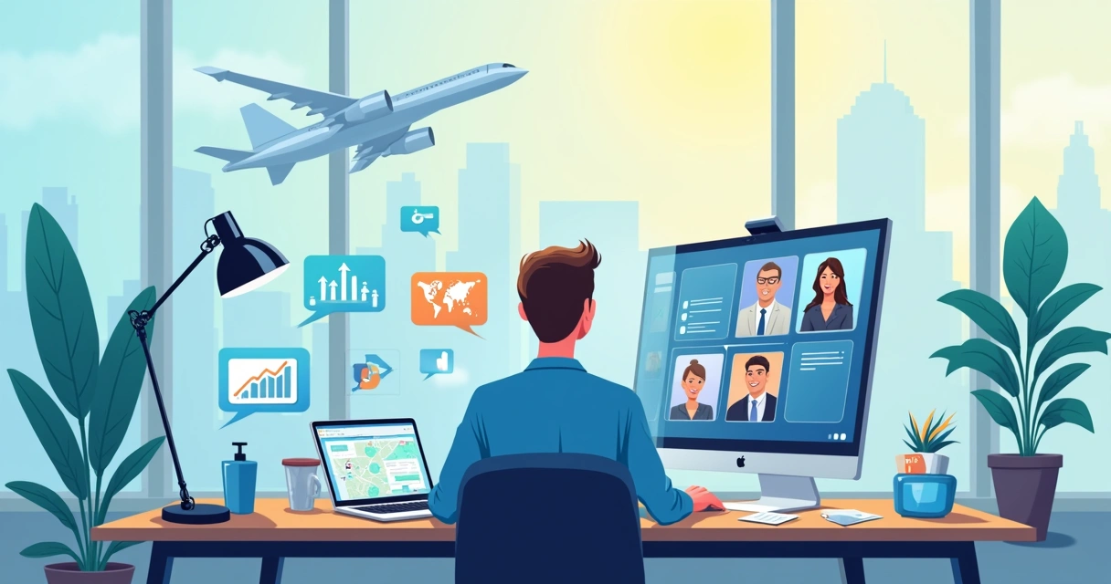 Agente de viagens com computador, mapas e apps de viagem abertos, atendendo clientes 