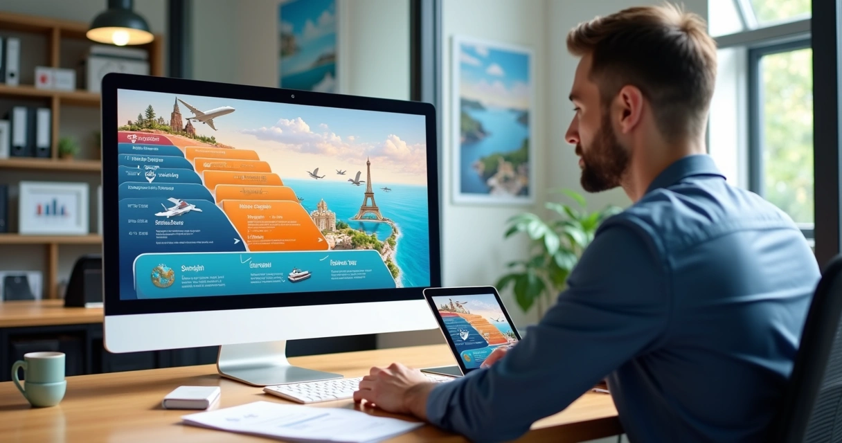 Agente de viagens analisando funil de vendas em tela com fluxo de ofertas 