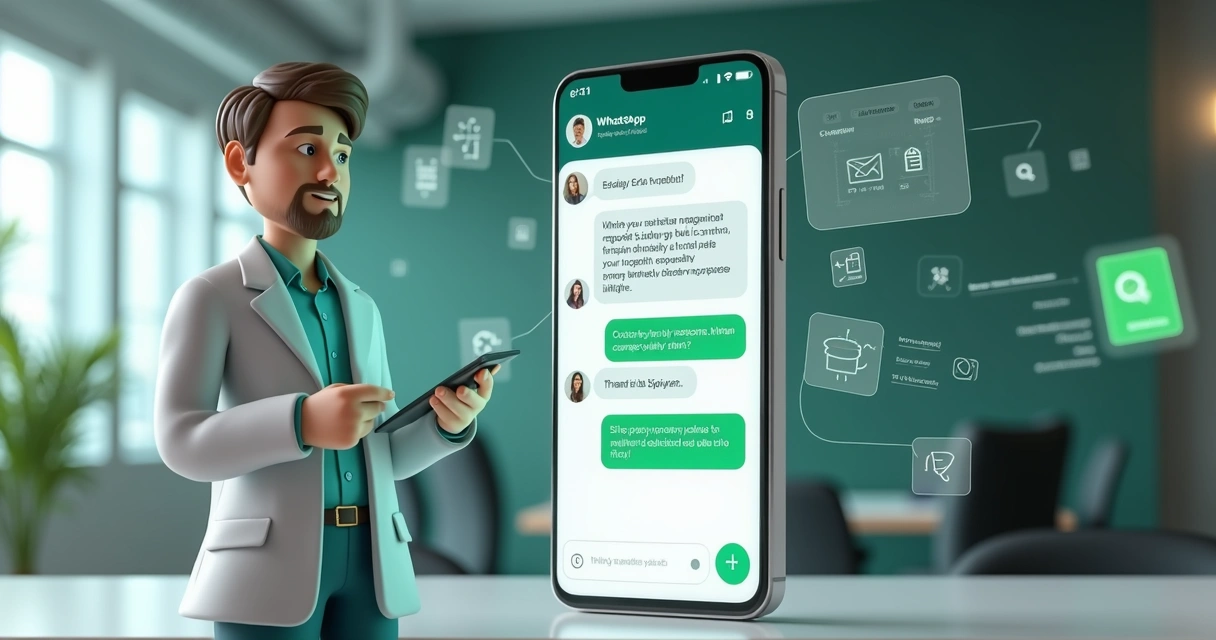 Agente virtual e smartphone com tela de conversa de cobrança no WhatsApp 