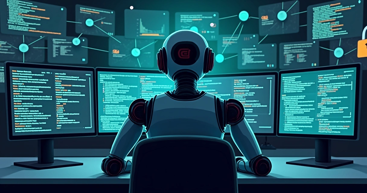 Ilustração de agente virtual analisando dados em tela escura 