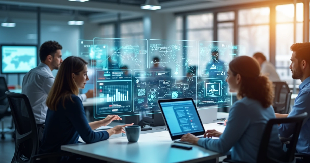 Profissionais trabalham com agentes virtuais na empresa 