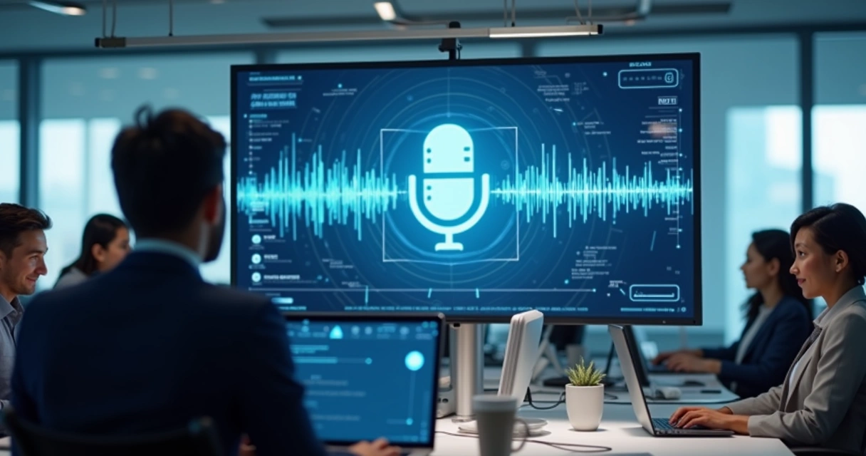 Agente de voz digital atende cliente em ambiente corporativo 